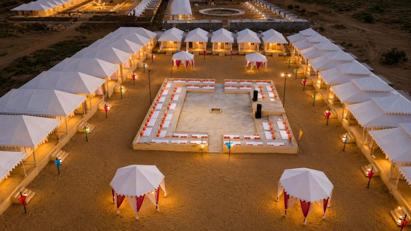 Desert camp at sunset