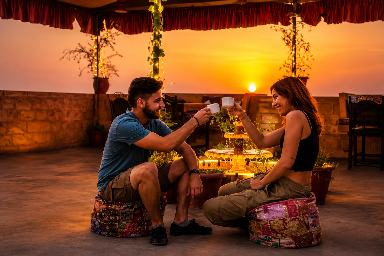Couple enjoying a rooftop sunset in Jaisalmer